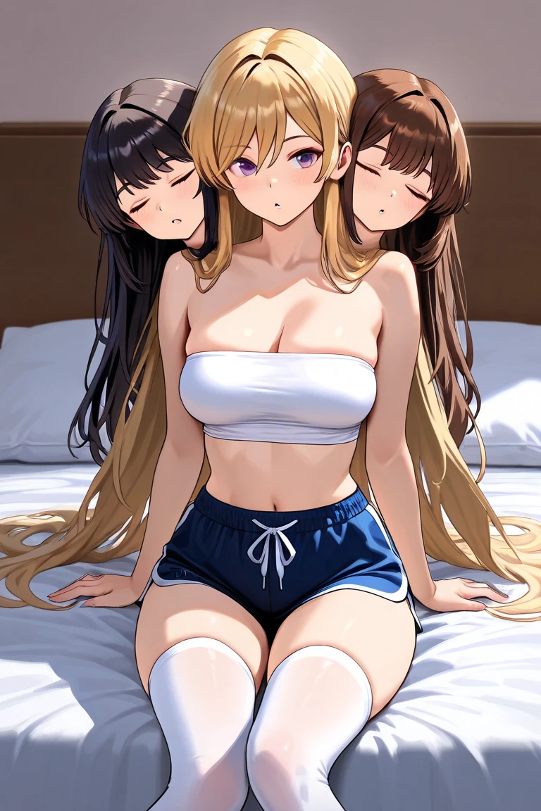 two waifus in bed excited , sweaty and blushing and naked while they suck each other's nipples