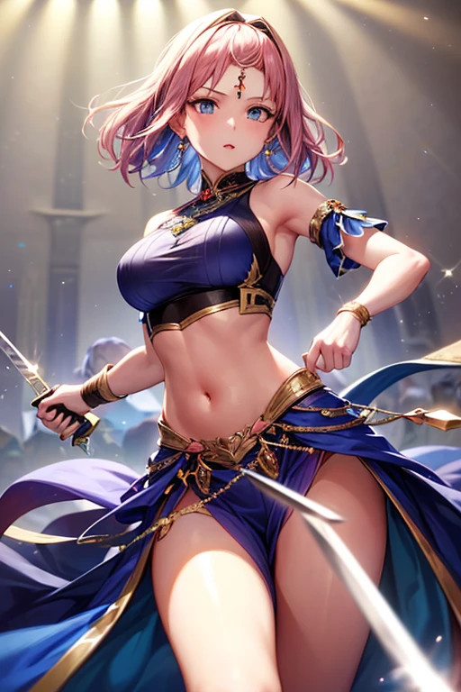 stockings, (((egyptian clothes))), ((golden costume)), ((4 defined fingers)), ((1 defined thumb)), (looking at viewer), break, sexy, ((solo)), (1 woman), ((25 years old)), ((highest quality)), ((masterpiece)), (familiar), skindentation, perfect face, 8k , (cowboy shot), break, short hair, (((pink hair1.5))), bob cut, black eye, beautiful princess, smile, thin thighs, medium breasts, perfect limbs, ((metallic costume)), (visible nipples:0.9), (camel toe:0.4), sexy, standing, sunlight, bright,
