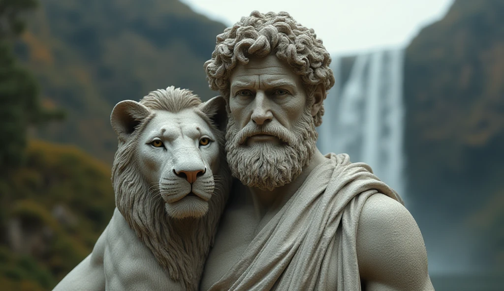 Arafed statue of a man carrying a lion and a lion, Escultura realista de 8K Bernini, Escultura de argila CGI, Directed by: Artur Tarnowski, deus grego, portrait of demigod hercules, Furioso Deus Zeus, Mito grego pintura digital, Symmetrical Epic Fantasy Art, photo manipulation, architecture carved for a titan, the man riding is on the lion