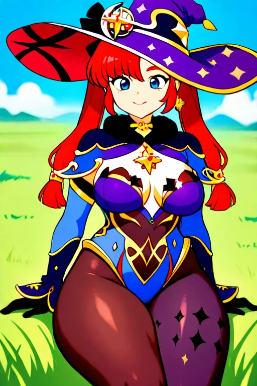 "(masterpiece:1.1), best quality, 
1girl, (80s anime style:1.3), (eyelashes:1.5), (loli:1.2), 
(intricate high detailed body:1.2), 
(red hair:1.1), (hair over one eye:1.1), (long hair, wavy hair:1.1), (hair ribbon:1.2), 
red eyes, (lip stick:1.3), (thick eyebrows:1.1), 
(curvy body:1.1), (large breasts:1.1), 
(angry, smile:1.2), 
(see-through lace body suit armor, underboob cutout:1.2), (pantyhose:1.2), 
(knight armor, armored boots:1.2), (frill:1.1), (streaked hair:1.2), sleeve, 
(sitting, spread legs:1.1), 
(cowboy shot, cameltoe:1.1), 
daytime, outdoors"