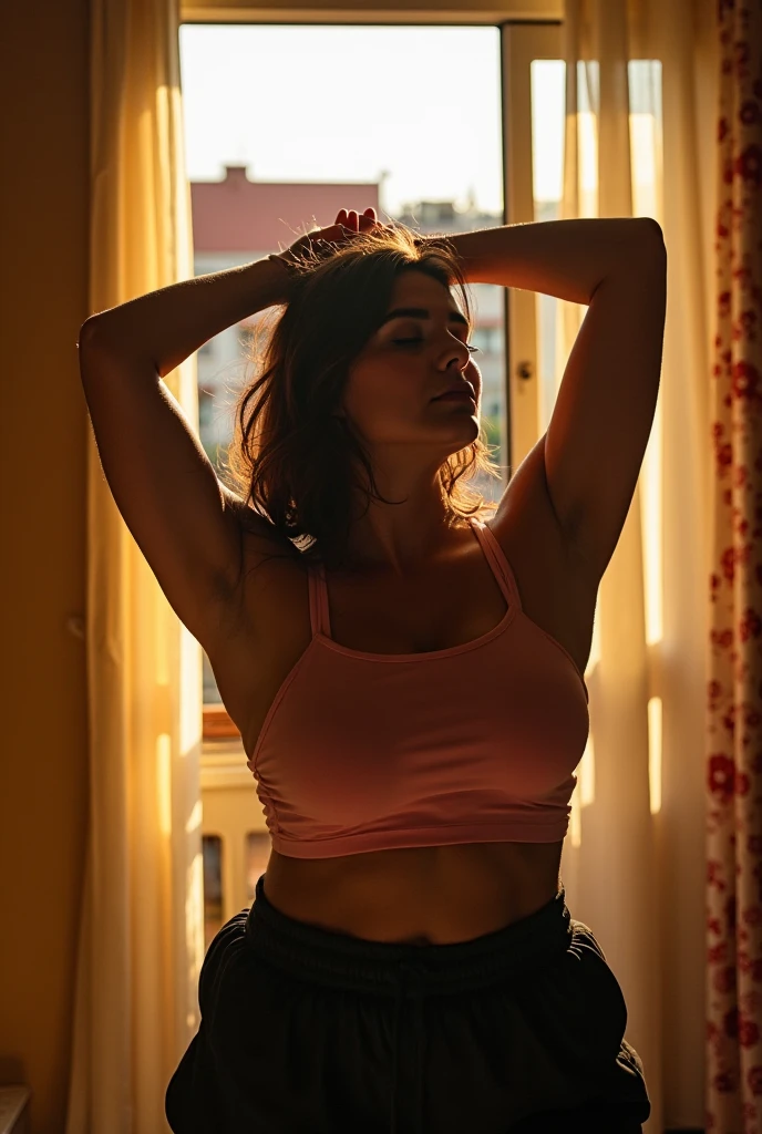 RAW photo,dark,moody,hazy atmosphere,35mm focal lenght,underexposed,cold,candid photograph,artistic,full body,photo of a beautiful,influencer,30yo Iranian woman,detailed skin,naked, looking away from viewer, thick body structure,grey background,no background, candid pose,dim room,blue light, film grain, kodak color, instagram LUT