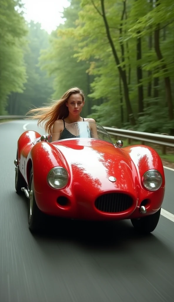 woman in red lingerie in a pretty car