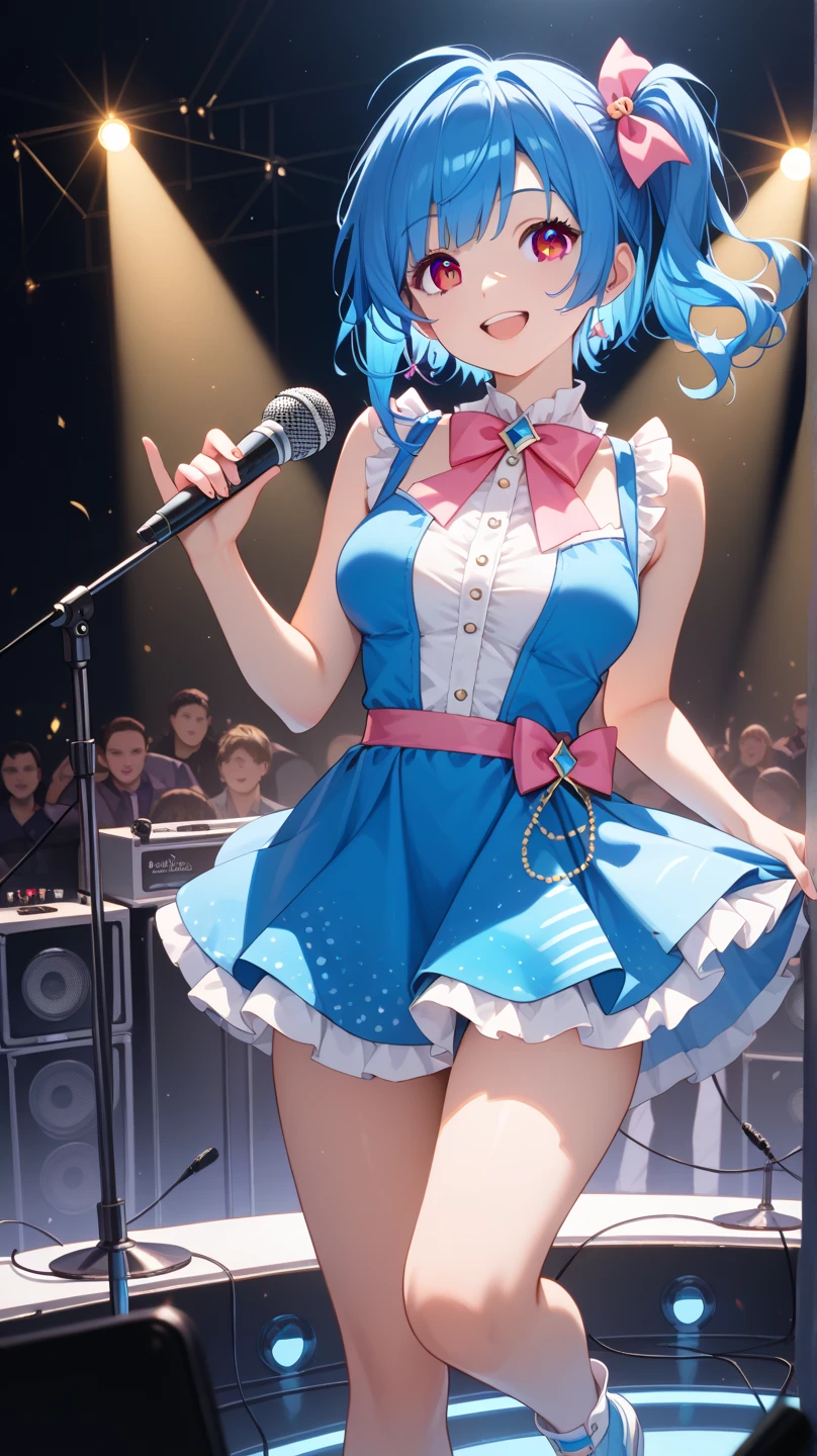 ((((Best Quality)))),((Ultra Detail))),(((Masterpiece))) Illustration, Music, Singing, Female, Blue Hair, Loving Pupils, Confidence, Pretty, Stage Costume, Microphone, Standing, Glamorous, Victory, Cheers Crowd, Spotlight, Concert, Stadium.