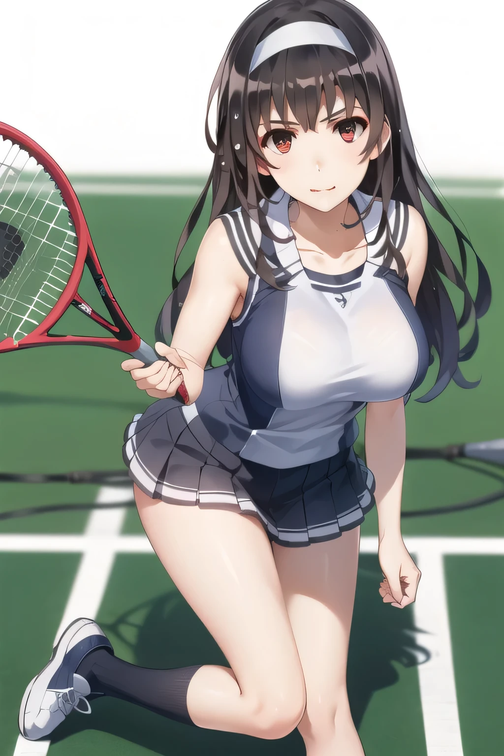 best quality,ultra-detailed,high resolution,extremely detailed CG,perfect anatomy,detailed,cinematic lighting,beautiful detailed eyes,ultra high res,(1girl),15years old,gleaming skin,oil skin,sweat,humid,trembling,strong light coming in,spot lighting,bright,revealing,nose blush,(shamefull:1.2), surprised, (embarrassed,blush:1.3),nsfw,(ecstasy:1.3) ,(slut:1.2),(vulgarity:1.3),(fucked silly:1.1),(steam:1.1),(wet:0.8),(trembling:0.8),(tears:0.7) ,(drooling:0.6),(sweat:0.8),(nsfw:1.2),(Tennis uniform:1.2),(Young:1.2),Japanese,(Tennis court:1.2),large breasts,(Random Hairstyles:1.2),Bold Pose,(full body:1.2),skirt,(Sheer tops:1.5),(bra),Shyness,(lure:1.5),(Smile:1.3),Close your mouth