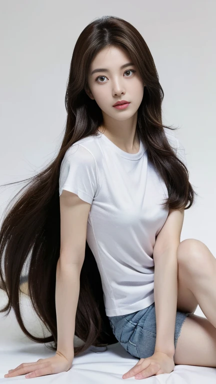 (detailed face),((crotch)),normal breasts,pretty,sleeveless and turtle neck white clothes,4k ,super high resolution ,(photo-realistic: 1.7),white background,long hair,BAUHAUS,