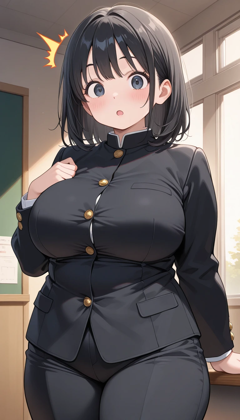 masterpiece、Highest quality、Best image quality、High resolution、Big Breasts、Black Hair、Green Eyes、short hair、Black Uniform、Unbranded uniform