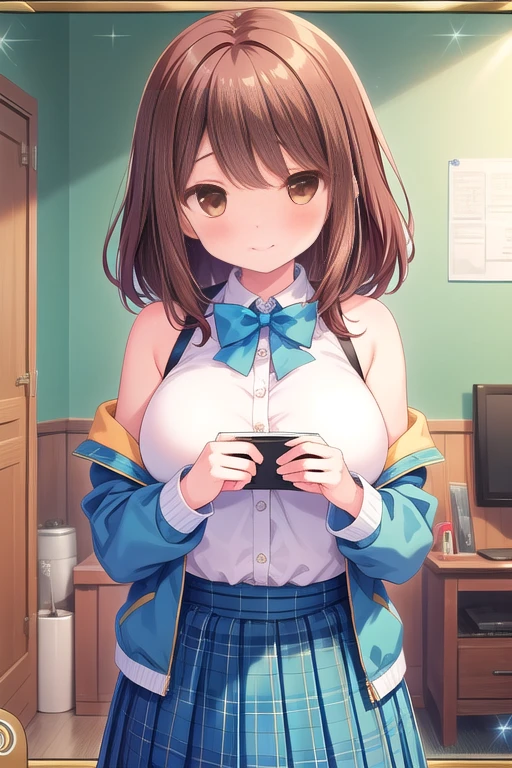 [1girl, Yukino Bijin \(umamusume\), umamusume], (goblin slayer!), (throw_hand, pink vibrator remote switch in throw_hand, throw:1.2), Highest quality, Super detailed, masterpiece, Ultra-high resolution, 8K, Ridiculous, Cowboy Shooting, Blurred, Focus on the girl, Embarrassing, blush, Lovely, Open your mouth, What saliva leaves behind, Wet skirt hem, (Sticky panties:1.1), Bulging of the vibrator cord, Vibrator with Garters, (cleavage), Classroom Background, The skirt is accidentally exposed,(large breasts), (crop top navel), (waist line), Accidentally exposed panties