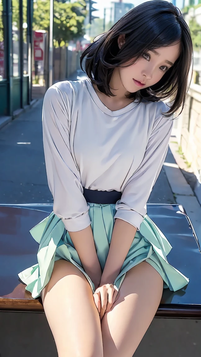 a beauty girl　Street corner of Japan　Flipping up the skirt with both hands　I can see panties　embarassed face