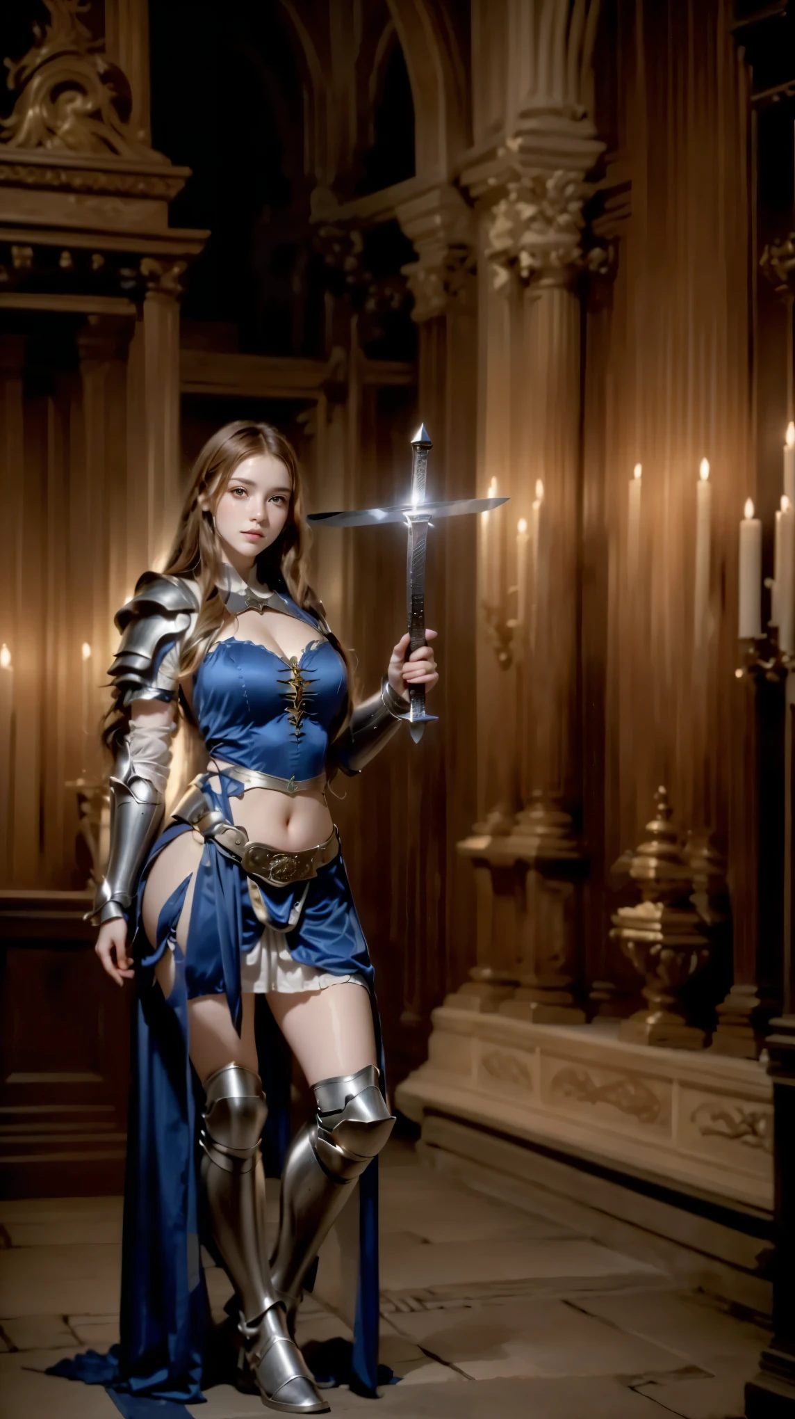woman in medieval costume holding a sword in a room with ancient objects, no arsenal medieval, Cavaleira Medieval, fotografia medieval, Medieval female warrior, posing with a sword, She's holding a sword, estilo medieval, of a beautiful knight, retrato medieval, girl in knight armor, dressed in medieval clothes, roupas medievais, holding a two-handed sword ,Belle, PERSEPHONE, (fullbody:1.8)