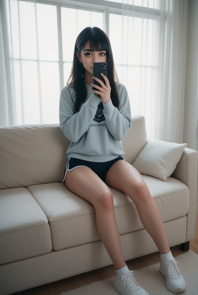 there is a woman sitting on the floor taking a photo, Instagram Template, long white stockings, Pretty face with arms and legs, 18 years, thighs and skirt, sexy look at the camera, sexy look, with long hair and piercing eyes, 19 year old girl, black haired girl with hoodie, chica sexy