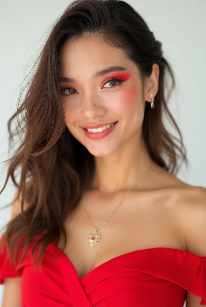 pretty girl: Asian, super cute;
Age: from 18-20 years old;
hair: bronze orange, smooth, shimmering in the sunlight, detailed;
skin: ivory white, rosy and flawless;
eyes: jet black, almond shaped, sexy, youthful, clear, ((super detailed)), elegant, seductive, sharp makeup, ((realistic, attracts viewers));
eyelids: delicate, delicate, perfectly beautiful;
Eyebrows: arched, sparse, sharp;
face: beautiful, pure, like a fairy, with gentle makeup, lovely, perfectly balanced, beautiful in every detail;
nose: pretty, lovely, high;
Cheekbones: prominent;
lips: seductive, light red lipstick, lovely lip gloss;
teeth: radiant, pure white, ((charming smile));
breasts: full, deep cleavage, firm, tight bra, pointed nipples;
bra: bright red, gold embroidery, metallic, silver mesh;
body: plump, attractive, full of youth;
accessories: ruby necklace, ruby earrings;
shirt: silk fabric, white, see-through;
dress: tight, see-through, embroidered flowers;
Fashion style: high-end women, modern 2024, luxury;
Photo quality: non-NSFW, 8K CG HD, sharp, super beautiful graphics, professional, detailed, vibrant colors, super smooth, advanced techniques, true RAW;
lighting: luxury, complex color scheme, black gold rays;
sunlight: sparkling, illuminating the girl's body;
Background: street, bright light.