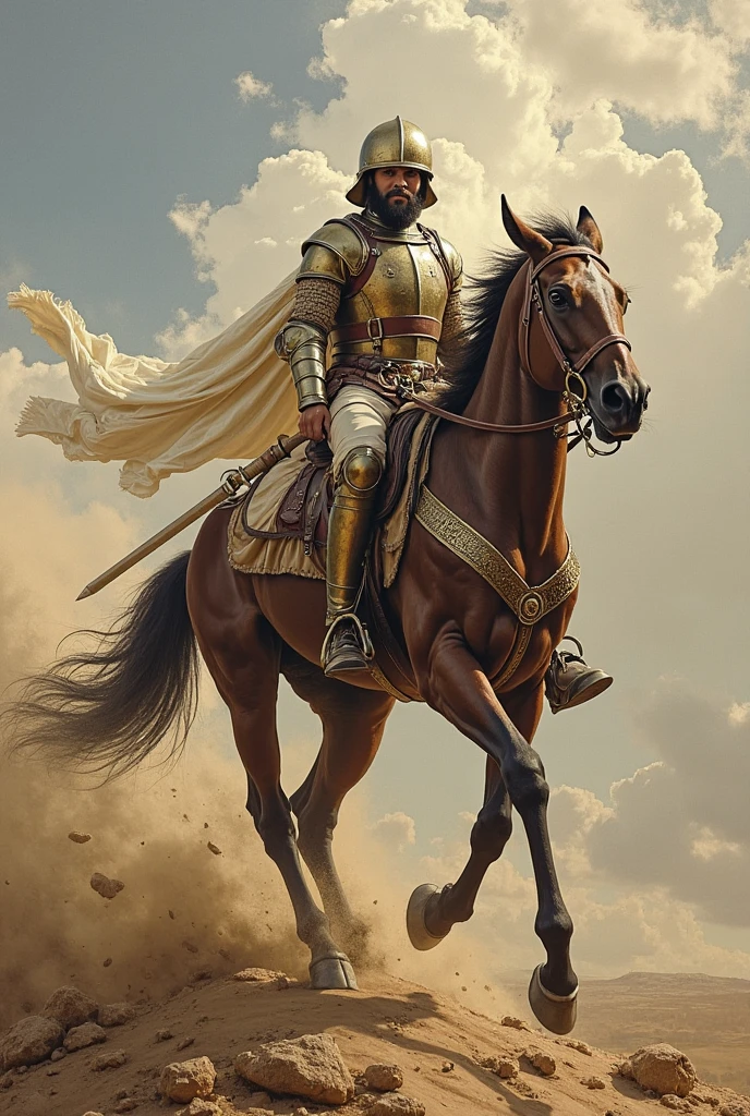 (best quality, high resolution, highly detailed, realistic: 1.37), man riding a white horse with a spear, inspired by Sardar Sobha Singh, dynamic lighting, oil painting, warrior, sharp gaze, strong and defined features, flowing hair, strong and confident posture, dramatic shadows, bright colors, intricate barbarin armor with metallic details , epic battle scenes, post-apocalyptic landscapes, haunting atmosphere, fantasy art, abelos cumprido ou curto, cara de brava, reino sombrio, fantastic views.