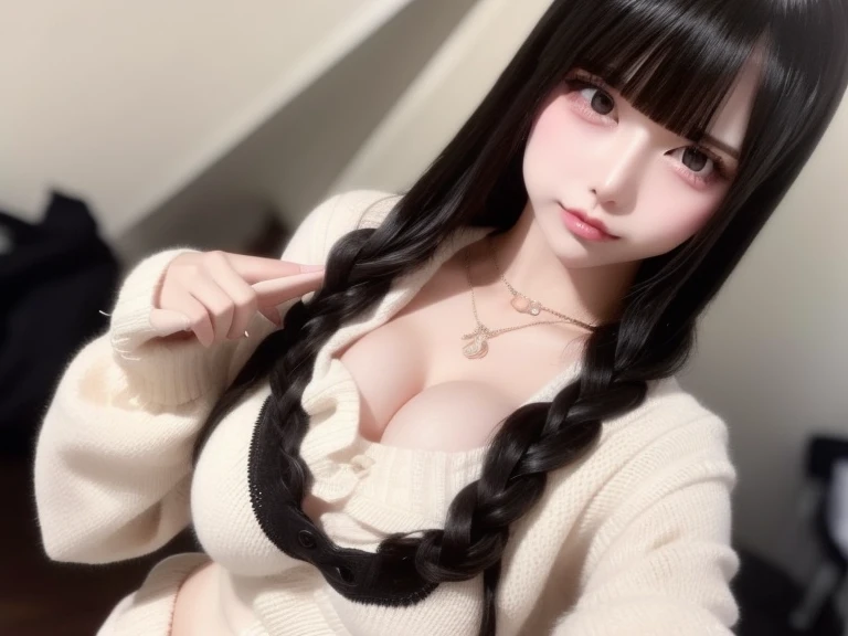 The upper part of the body、One girl has black hair、Bun hair、Large breasts、Plaid bra、Plaid T-back、Japan anime-style odd-eye,Bedrooms