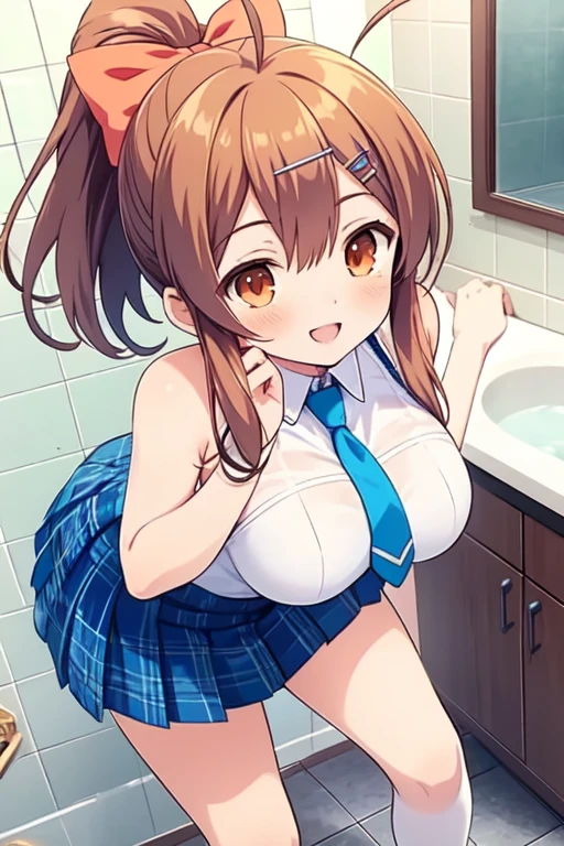 ((masutepiece, Best Quality, hight resolution, nffsw, Perfect Pixel, depth of fields, 4K, )), 1girl in, Solo, , Beautiful anime girl, Beautiful Art Style, close up, Looking at Viewer, Perfect body, Short hair, brown hair, ponytail, mole on face, blue eyes, (large boob), Full face blush, Smile, thighs thighs thighs thighs, navy playboy bunny, red bowtie, garter belt, white background, bent over, hugging, side shot, Focus,