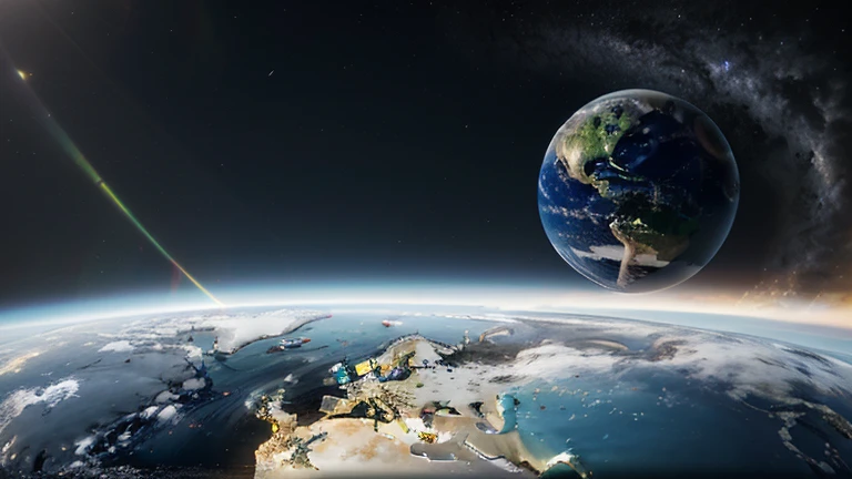 Realistic Earth, Covered by a significant layer of ice, Earth centered in the frame with a space backdrop, Extensive layers of ice indicate a colder global climate, and the dark space around Earth provides contrast, The Earth's atmosphere has a faint glow at the edges to emphasize its round shape and add depth to the composition.