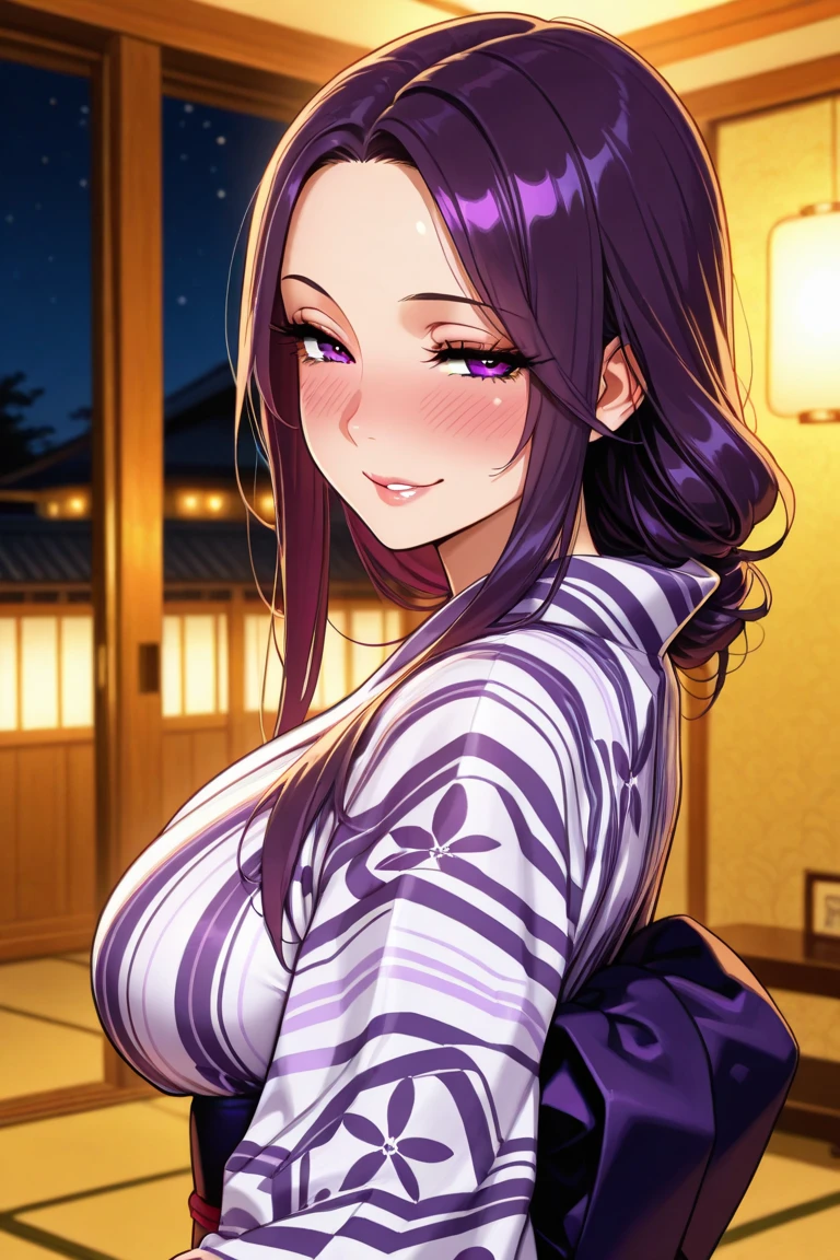 (Looking up:1.5),Shooting from above、Upper Body,(looking at viewer:1.5)、(Hands on chest:1.2),
Realistic, real person, (pale skin: 1.2), RAW photo, photorealistic, shiny skin, shiny hair、
(A 25-year-old woman with straight hair and bangs) and (medium hair) and (black hair) and (purple eyes) ,
(purple) and (yukata),(blush:1.5)、frown,The background is a Japanese-style corridor at night