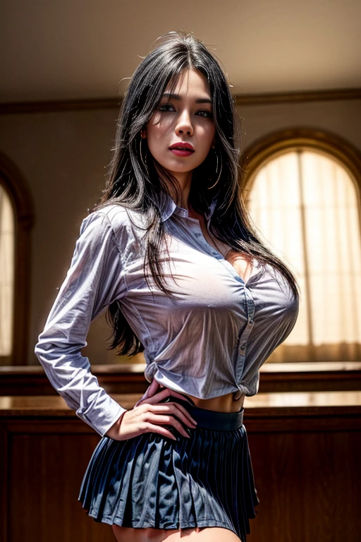 (((Best Quality, 8K, Masterpiece: 1.3))), (((fully opened fully unbuttoned open silk shirt))), (((gigantic massive saggiest longest hanging down breasts))), (((long black straight hair))), (((smile))), (((sexy))), (((seductive))), (((attractive))), (((hot))), (((in church))), (((sunglasses)))