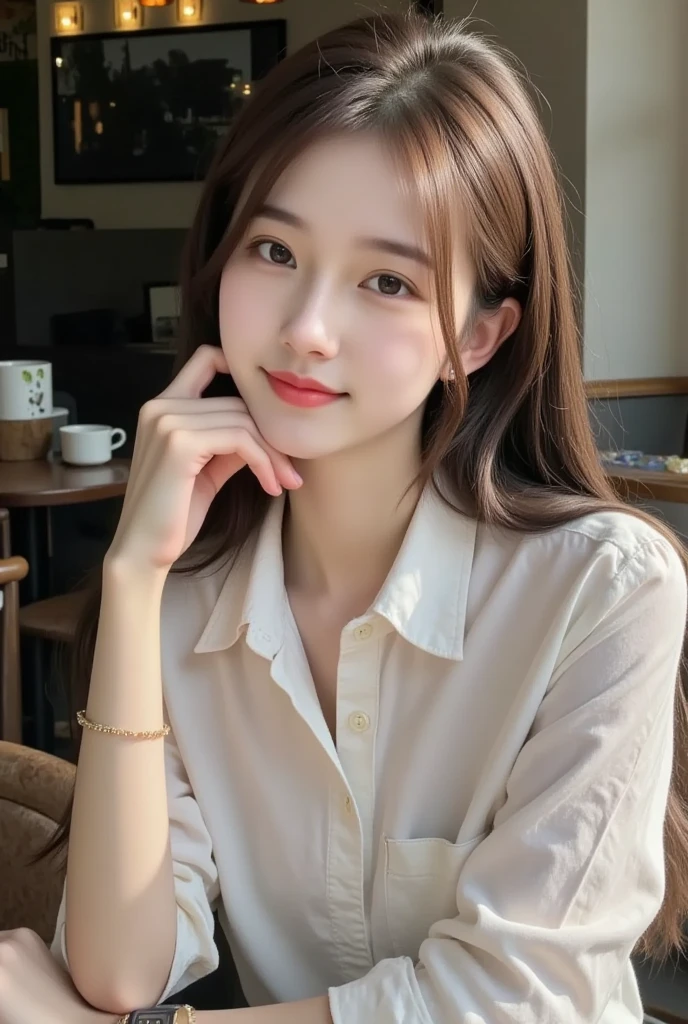 ((highest quality, 8k, masterpiece: 1.3)), Upper Body (1.3), huge (5), Excellent style, Kind Face, Parallel eyebrows, smile, Natural Makeup, Clothing that emphasizes cleavage, refresh, City Tree々Enjoying lunch at a cafe while basking in the sunlight filtering through the trees、Brown long hair、See-through bangs、smile、