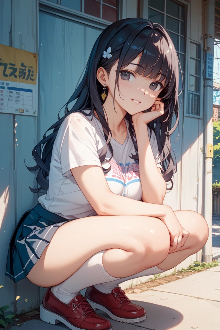 very cute and beautiful girl,(Very detailed美しい顔), (smile),blush,Black Hair,Seraphim,(White Shirt、Pleated navy blue pread your legs、Squat)、Sitting、(From below)、(Lacy white panties), Country road、Distant Tree々and the city, (Highest quality,masterpiece:1.0),Absurd,High resolution,Super detailed,Very detailed,32K,8k resolution, Intricate details,Movie Scenes,Detailed Background,alone,Dynamic Angle,