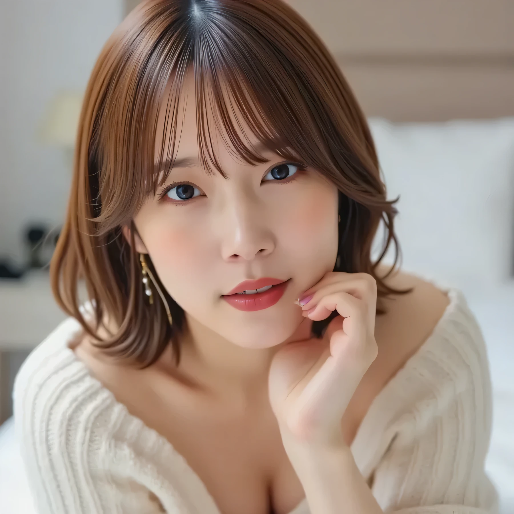 viewers, (Lola:Uchida Mari ) (8K)()(1 person,solo)(1 personの写真)(pink lipstick)()()()(Off Shoulder Sweater 1 :2)()(hotel)(Big Beautiful Breasts 1:2)(Lie face down on the bed)