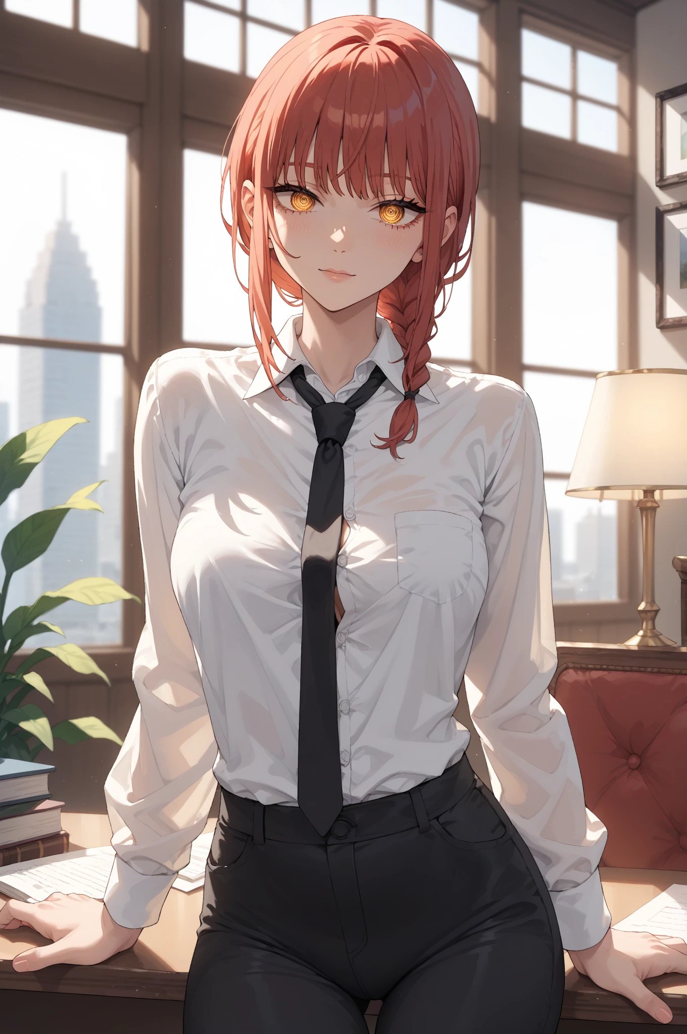Makima, Makima, Long hair, malicious  Bangs, (Small breasts:1.2), (Yellow eyes:1.2), braid, Red hair , smug smile evil , braided ponytails, Ringed Eyes, BREAK  shirt, Long sleeves,  White shirt desabotoado , black  bra , neck tie, Collared shirt, thong pantie , garterbelt ,  Suit, black necktie, shirt tucked in, Break indoors, BREAK looking at viewer, BREAK (masutepiece:1.2), Best Quality, High resolution, Unity 8k wallpaper, (Illustration:0.8), (Beautiful detailed eyes:1.6), extra detailed face, Perfect Lighting, (Perfect hands, Perfect Anatomy), sexy , big  breasts  .