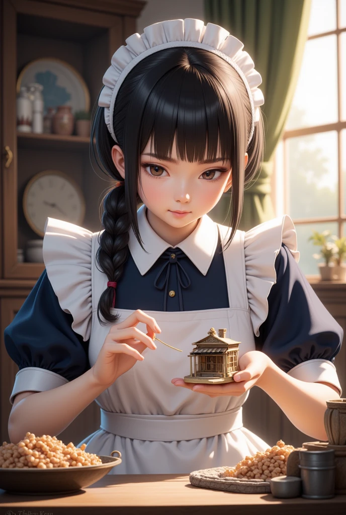 She is an 11-year-old girl, black hair, long hair, honey-colored eyes, warm eyes, tender eyes, smile, happiness, tranquility, peace. He lives in a house in the forest, forest and trees, lots of flowers, blue sky, sun. radiant. He lives with his grandmother. He has fun with his grandmother. He helps in the kitchen with his grandmother. he likes to cook