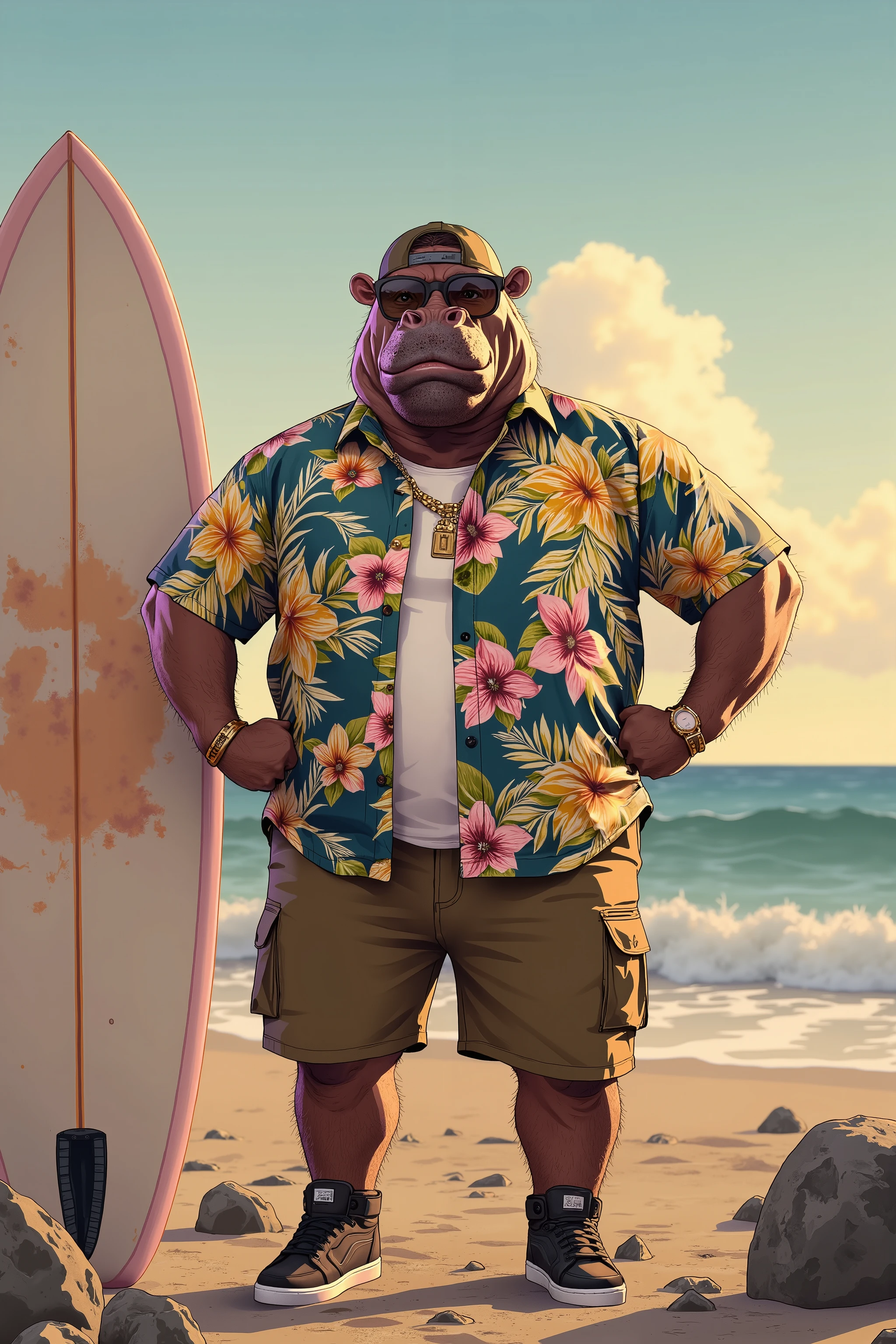 photorealistic portrait of Dressed animals - a ((fat)) (hippo) professional wrestler, (art by Brian Froud),(standing next to a surfboard), high quality,(plus size body:1.5) ,intricate details, highly detailed ((resort fashion)) ,(wearing sunglasses:2.0), (baseball cap, short pants, sneakers),(wearing aloha shirt:1.5) ,(hip hopper's accessories), wearing sunglasses, (happy), backlight effect by sunset,(full body image:1.5),sunset beach background,score_9, score_8_up, score_7_up, score_6_up, score_5_up, score_4_up,,Artwork must be a masterpiece that displays total perfection and amazing attention to detail, including macro details, voluminous light, realistic reflections on surfaces, and ultra-detailed textures. Utilize cinematic effects to enhance the overall visual impact. For best quality, images should be UHD and in sharp focus,