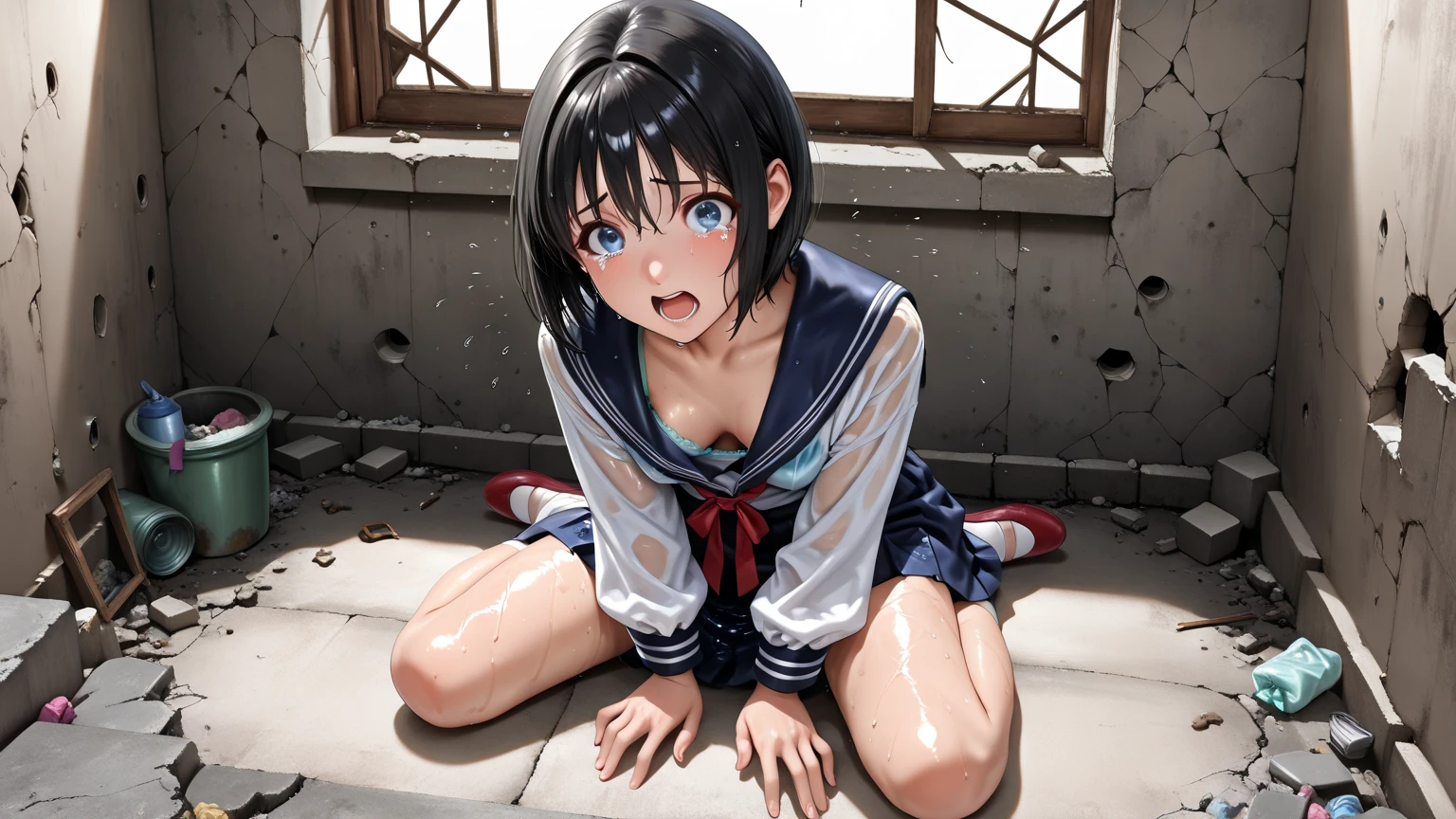 (Photorealistic:1.5), (masterpiece、Highly detailed 8K CG、Sharp lines:1.2)、hi-school girl、A dark-haired、(White panties:1.2)、thighs thighs thighs thighs、(Beautiful anime schoolgirl:1.2)、Smooth Anime CG Art、Beautiful anime schoolgirl、Beautiful anime girl, 19-year-old beautiful girl, Detailed skin, (gleaming skin:2.0)、short-hair、Beautiful black hair、blue Eye、(many streaming sweat:1.6), smile, (flat chest:1.7), (Muscular thighs:1.7), (gaunt:1.6), (student clothes:1.2), (a sailor suit:1.4), (Dark blue pleated skirt:1.4), (full body:1.2), wet, solo, (one girl:1.4), (Standing leaning against a wall:1.4), from front , (from below:1.3), Inside the classroom, blush, (anguish:1.3), (spread legs:1.3), (open mouth:1.4), (Clear drool overflows her mouth and drips from her chin:1.6), Crossing her eyes, upturned eyes, (She's properly clothed:1.6), tears, (Sweating profusely between the legs:1.9), (toned thighs:1.5)