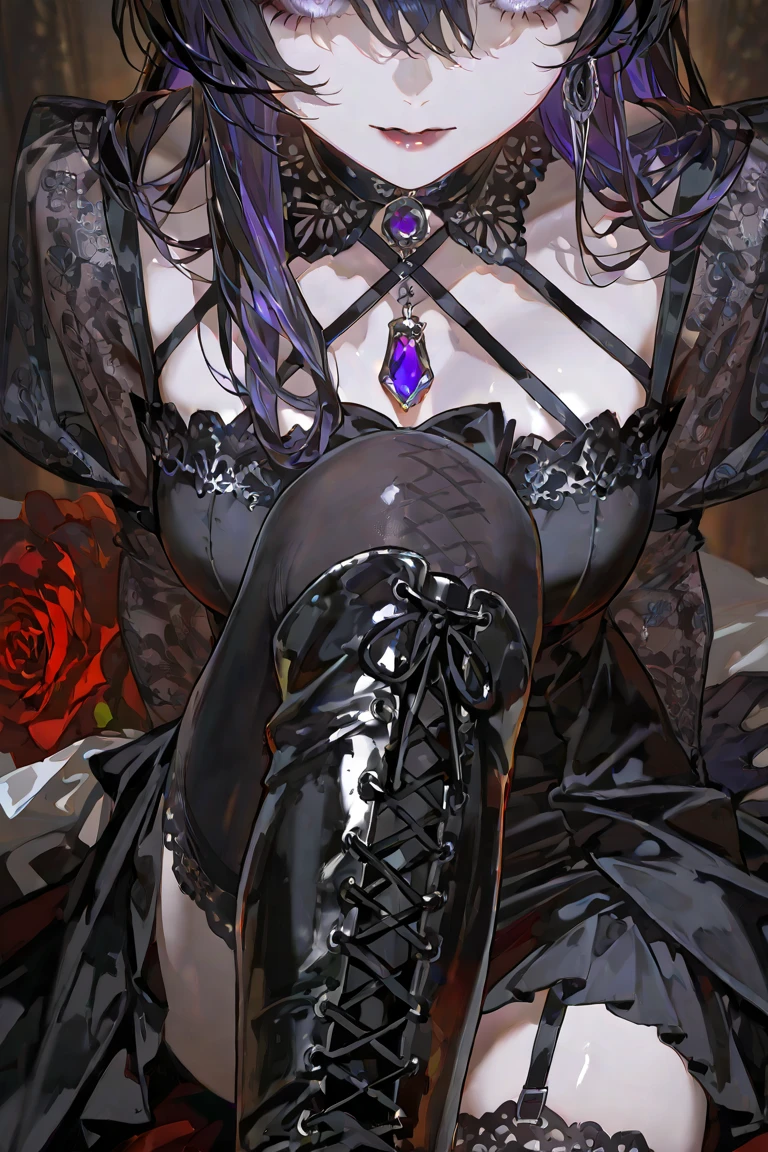 1girl, solo, smile, holding, bare shoulders, sitting, closed mouth, collarbone, closed eyes, upper body, purple hair, hair over one eye, eyelashes, chain, couch,large breasts,(shiny skin:1.15),(mature female:1.2),shalom, <lora:shalom-v1-nai-7ep-resize:0.65>