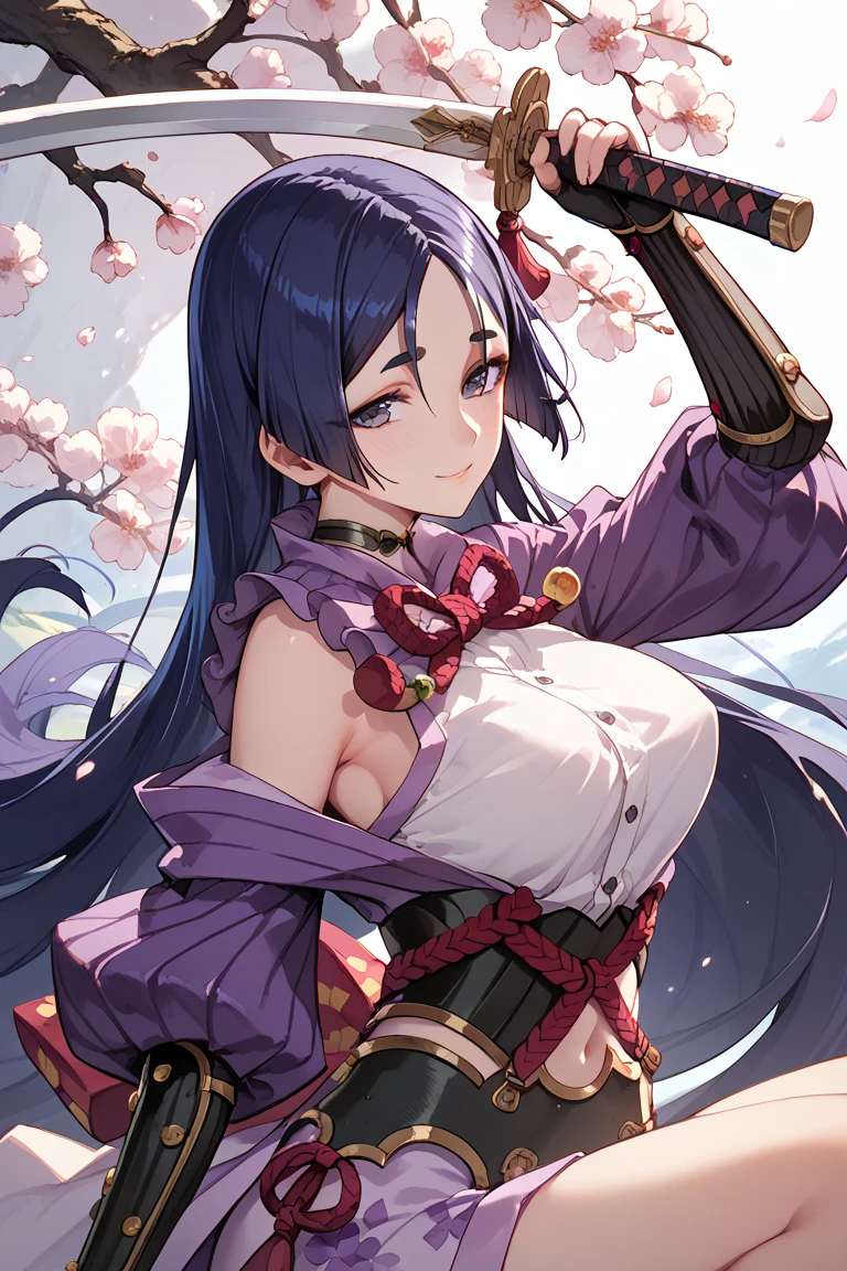 Girl, Raiden Shogun, Korean woman, shoulder exposure, shoulder smooth texture latex, coveted smile, anime feel, evil devil, {black painting}, {teasing smile}, {teasing smile}, high quality, clear picture,