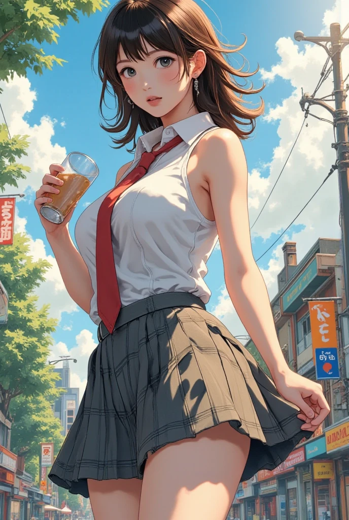 Highest quality,Highest Resolution,A beautiful American girl with a crying face holding a drink,Belly button,Abdominal muscles,mini skirt,Knee-high stockings,sweat profusely,Very beautiful eyes,(((Tie the length of your clothes))),front,whole body,Tears,Dripping saliva,Bedroom,Night view outside the window,
