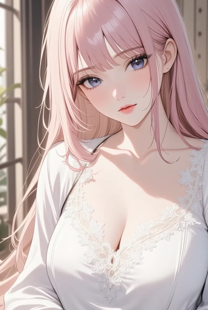 donne moi une image de femme avec un gros décolleté regardant d'en bas