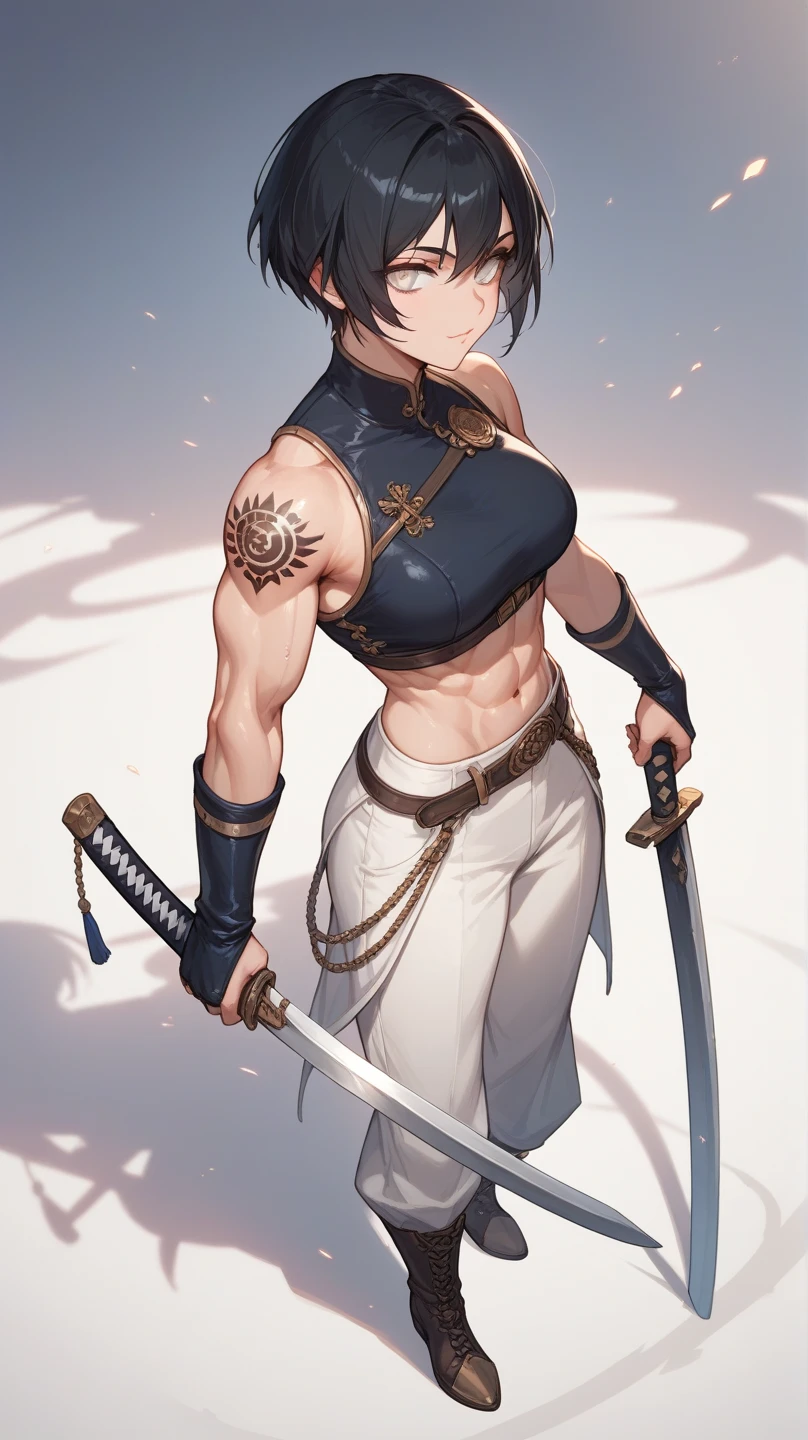 (high resolution, pixel perfect, gorgeous illustrations), (hyper quality, muste piece, etheric: 1.4), ((1girl)), (((((fighting stance))))), ((tattoo)), ((mature woman)), cool atmosphere, (((((very short hair))))), yellow eyes, ((((orgasm)))), (((blush))), (((((((muscular))))))), ((thick thighs)), (((wide hips))), ((Big breasts that are about to burst)), fighter, (((woman))), ((((wh_chi_armor)))), (((((cameltoe))))), lewd woman, (shiny skin), sweat, simple background,