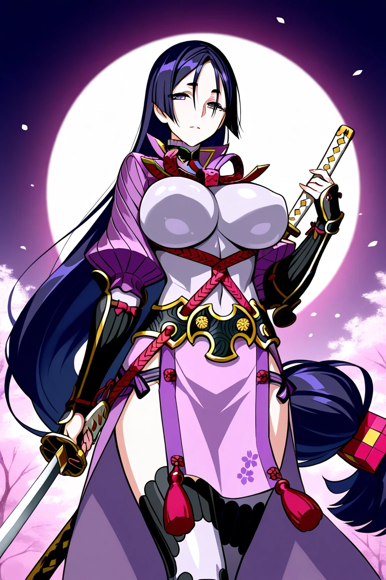 seilah, seilah, long hair, horns, purple hair, facial mark, forehead mark, (purple eyes:1.1), headband, BREAK , japanese clothes, horns, choker, wide sleeves, kimono, sash, tattoos, BREAK cowboy shot, looking at viewer, BREAK outdoors, BREAK (masterpiece:1.2), best quality, high resolution, unity 8k wallpaper, (illustration:0.8), (beautiful detailed eyes:1.6), extremely detailed face, perfect lighting, extremely detailed CG, big breabody,