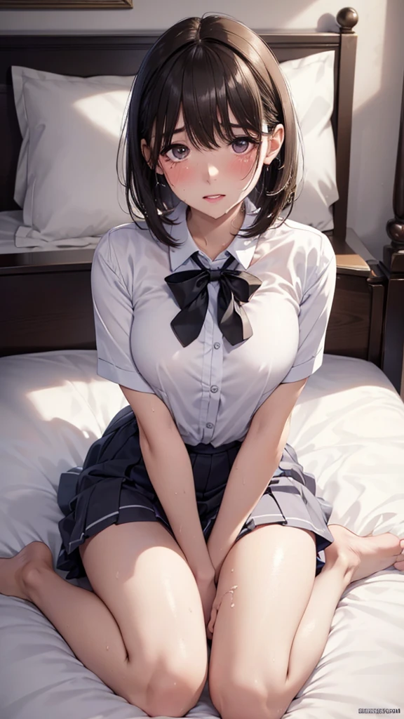 (masterpiece, expensiveest quality:1.2), 8K, Official Art, RAW Photos, Unbelievably absurd, ( expensive 、Pleated skirt:1.4), Has seven heads、A stunningly beautiful ,(((close your eyesFace of ecstasy)))、(((close your eyes、A pained face with wrinkled brows)))、(((Face of ecstasy)))、(((Lie on the bed with your legs spread)))、(((Lie on the bed with your legs spread)))、(((Detailed female genitalia、Clitoris Minoris、The clitoris is visible)))、(((Face of ecstasy)))、(((The front of the shirt is open、Beautiful breasts are visible)))、 (チェック柄のマイクロミニのPleated skirt:1.1), close, , Short sleeve, No makeup,Bright bedroom、 Detailed eyes and face、Short hair with bangs、(((White skin)))、Bright bedroom、Very slim 、(((Spread your legs wide)))、((((both hands)))),((((Very young looking girl:1.3))))、(Very young and busty:1.2)