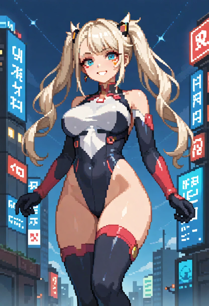1girl, light blonde hair, aquamarine eyes, boots, breasts, bracelets, cleavage cutout, full body, hair ornament, shoulder-length hair, ponytail, full body with costume, leotard, gymnast_outfit leotard, white leotard with blue accents, bare legs, white stockings, white boots, medium breasts, solo, standing, superhero, (lighting logo on chest), beautiful detailed eyes, beautiful detailed face, age 18, ahoge, full body zenkai! full body portrait, body infused with electricity, diffraction spikes, heroic, standing straight, hands on hip, cowboy shot, city backdrop