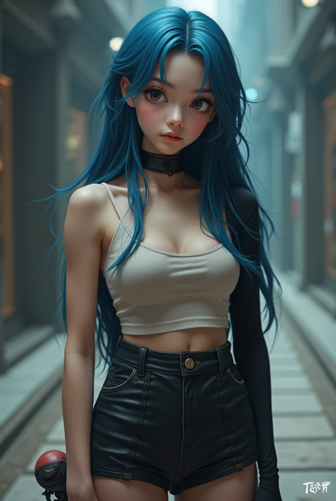 Best Quality, Cute jinxed girl with blue hair, (blue hair hyper long braided tail), (hair over one eye), (construct and punk background), low light, Very dark eyeliner, jinxlol, Lovely, cyber punk, way there, , young man looking, hyper detailed face, detailed skin, dark heavy eyeliner, (huge breast),sleeveless cropped leather shirt with metal eyelets and ropes, ((tight leather pants, dirty and worn)), LowriseXL, ((belt bra)), ((lean against the wall)), (((three bullet belts))), (((three studded belts))), exposed abdomen, ((navel piercing)), ((navel piercing)), (thigh belt), Leather gloves with free fingers and nails painted blue and fuchsia, ((many hip chains)), ((rock hard abs)), put weight on one leg, Perfect blue eyes, muddy skin, wet skin, oily skin, ((sit with legs open and knees bent)), photorealism
