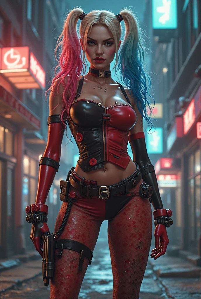 Margot Robbie as Harley Quinn,blue and pink hair biomechanics, complex robot, golden spider logo, full height, hyperrealistic, crazy little details, Incredibly clean lines, cyberpunk aesthetics, masterpiece presented on Zbrush Central, Cyberpunk city background