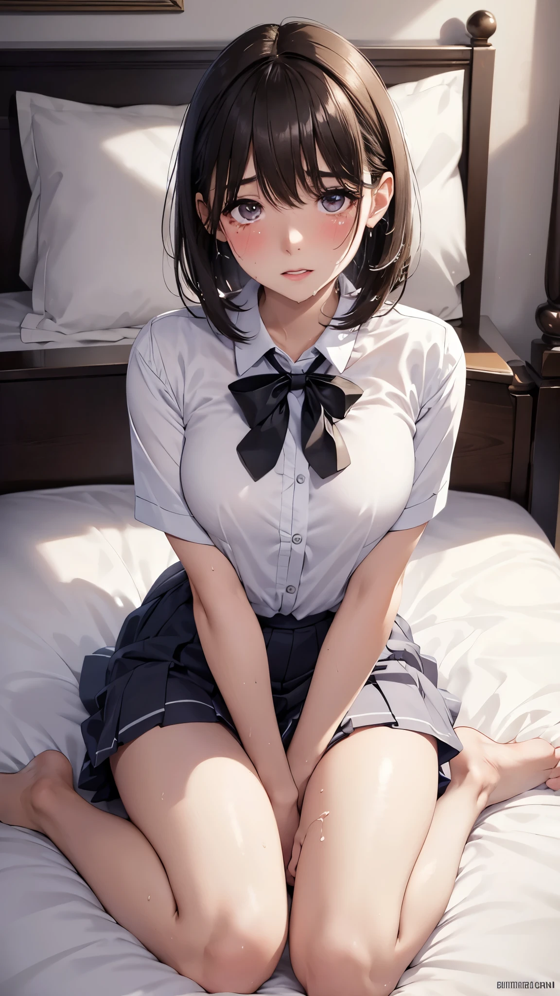 Mastepiece、masterpiece、highest quality、Super detailed、High resolution、8K Portrait、High definition CG of Unity 8k wallpaper、Cute little:1.5、Loli:1.5、Highly detailed CG Unity 8k wallpaper、Realistic、Real person、 Portrait Photography、Shiny skin、High definition、(16 years old:1.2)、(1 girl)、Beautiful clear eyes、extremely detailed description、Delicate face、Nice lips、Slim body、(thin waist)、Thin legs、(bed room:1.6)、1 Girl,Cute,Perfect Face,seriously,perfect face,seriously,((cute:1.5)),(Brown Bob Hair:1.5),(small breasts:1.3),(school uniform:1.3),nsfw,showing vagina,(spread pussy crotch grab:1.5),(lying:1.8),(orgasm face:1.5),(embarrassed blush:1.6),((cum in pussy:1.2))