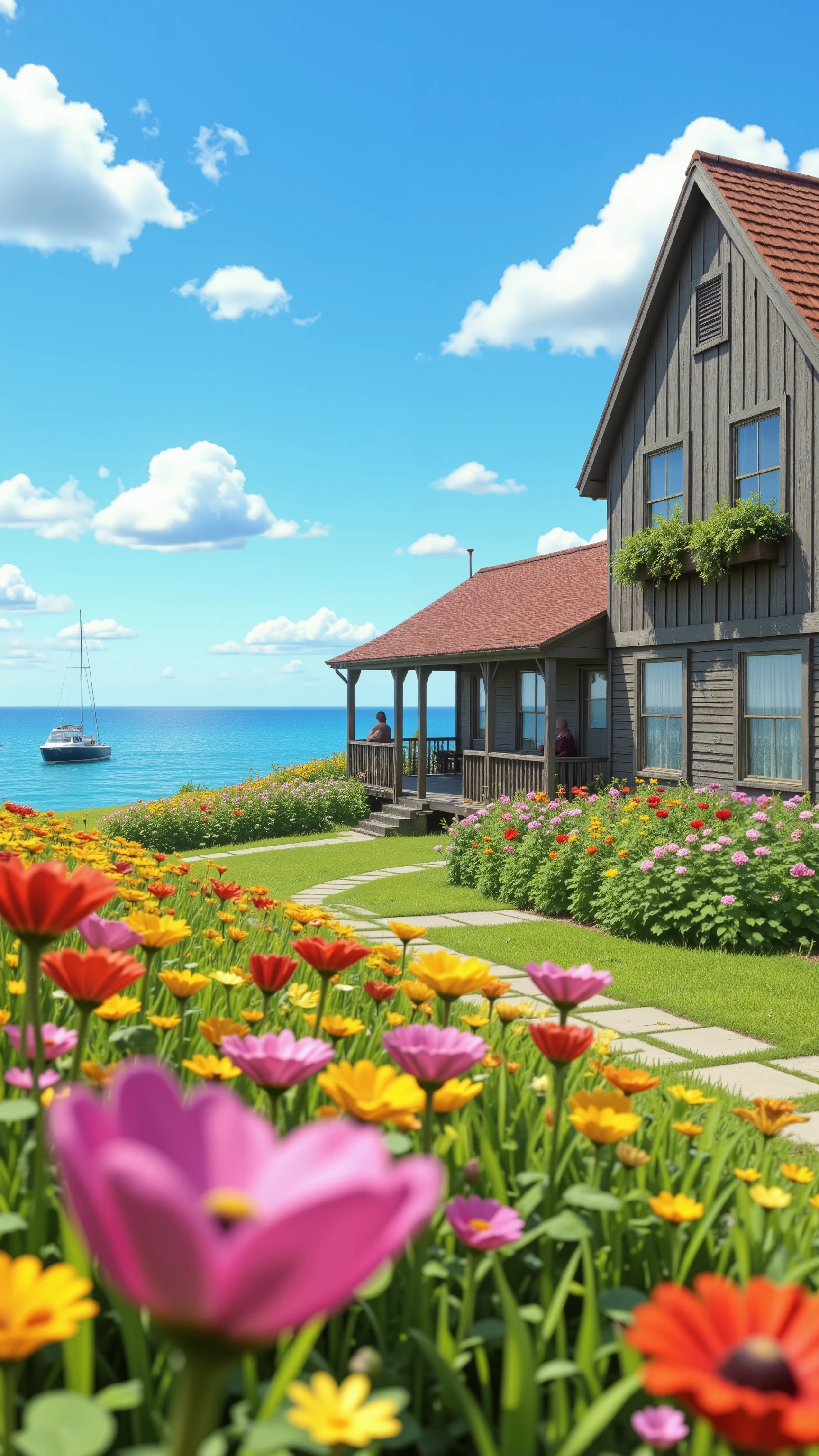 masterpiece、最High Quality、High Quality、 Detailed CG Unity 8K Wallpaper 、 scenery、Admire the prairie、窓の外の scenery、colorful flowers、The ocean beyond the prairie、nature、Scandinavian house facing the ocean、There is a fishing boat、blue sky that seems to pass through、depth of field、high resolution、flower、 Chromatic Aberration、Photorealism、very detailed、art station wearing a riff、CG social trends、 complicated 、High Detail、dramatic、