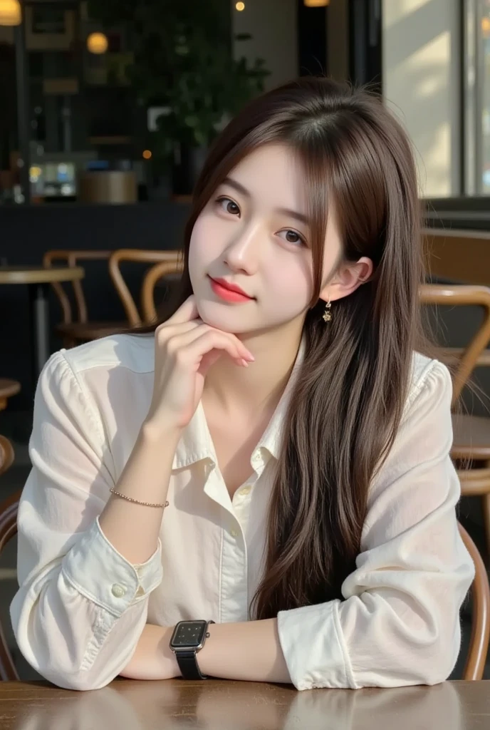 close-up shot of beautiful korean female, 36 inch breasts size, straight hair, wearing rolled sleeves t-shirt, at riverside bar, night