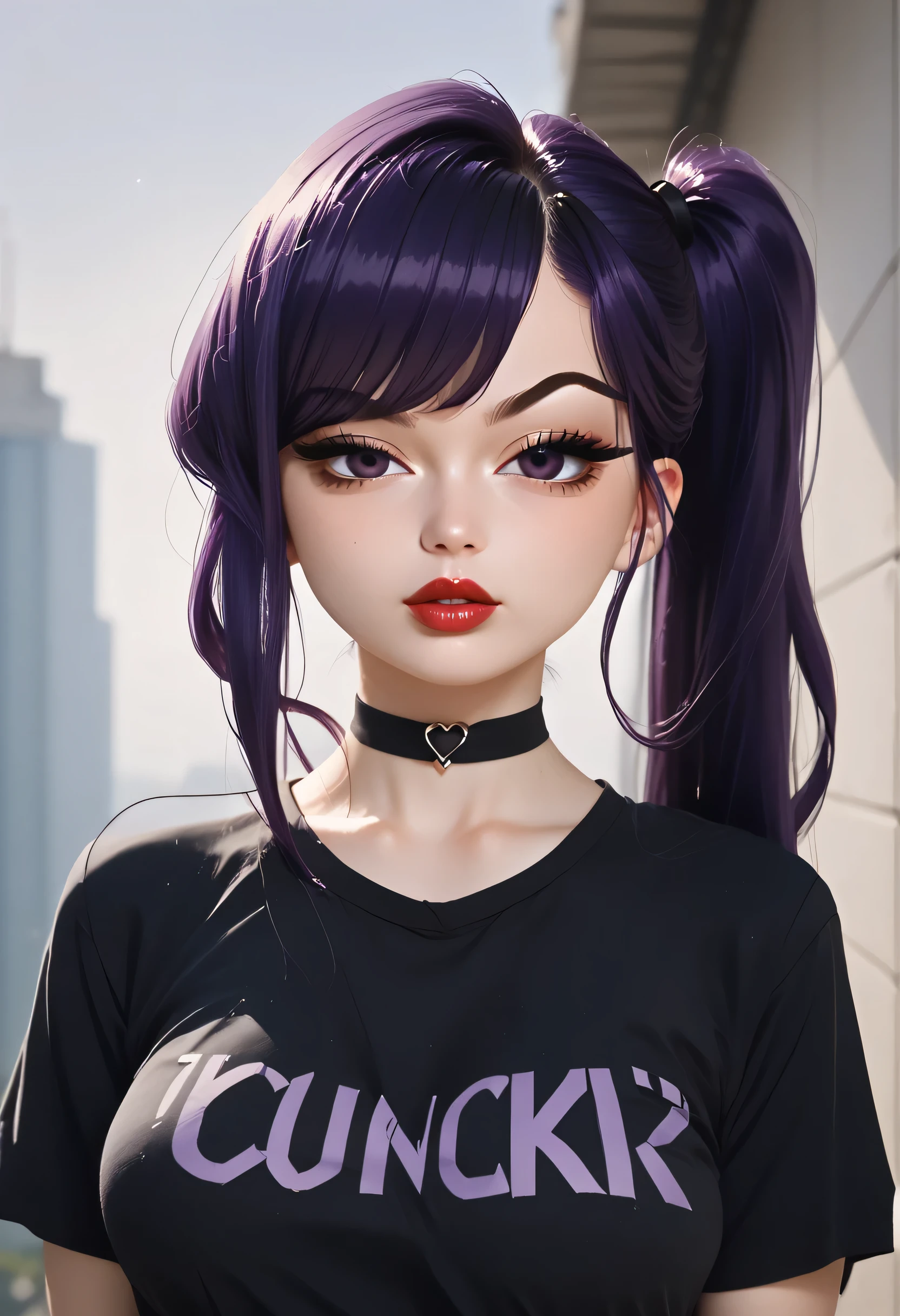 outdoors, 1girl, (purple hair, very long bangs hair), purple eyebrows, thin eyebrows, purple eyes, lips, red lips, perfect face, beautiful girl, t-shirt, black t-shirt, medium breasts, black choker, looking at viewer, ((komi san))