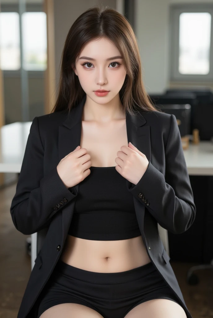 (8k, RAW photos, top quality, masterpiece: 1.2,(Best quality, 8k, 32k, Masterpiece, UHD:1.2), 1girl, narrow waist, white suit, black shirt, suit, pants, from front, sitting on desk, office room, (stick out one's buttocks:1.2),