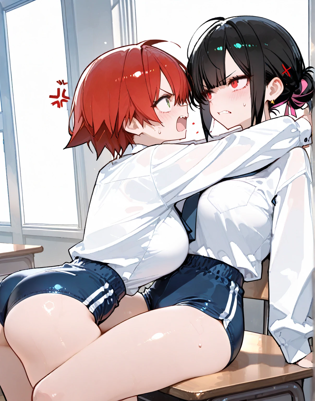 NSFW:1.9. Mature women　Blowjob:2.4　Hardcore:2.4　Anime drawing with vivid colors Tall woman:1.9. White collared sleeveless shirt　Black Skirt　White underwear boobs　Big breasts, sweat, troubled face, glaring, wrinkled brow, tears, super super flushed cheeks, night:1.3 Apartment bedroom, white sheets, short black hair, ponytail:1.9 Straight hair, bangs swept to the side:1.9 Red hair tie, narrow eyes, brown eyes, tall, strong-willed, beautiful