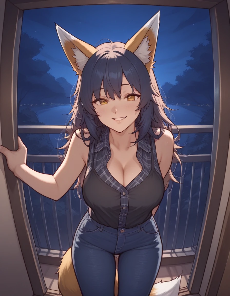 1girl, fox girl, red fur, milf, cute face, big breasts, white dress, sexy, orange hair, yellow eyes, (detailed face), (detailed eyes), white shirt and skirt, street, naughty smile, blush on face
