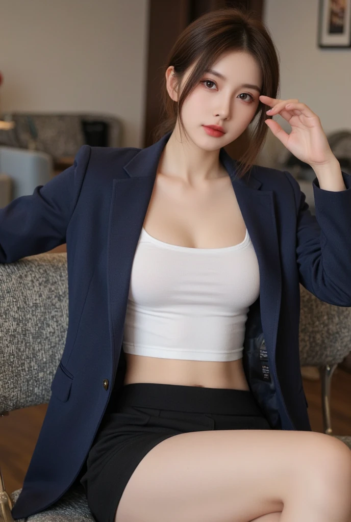 (8k), (best quality: 1.2), (realistic), (realistic: 1.37), ultra high resolution, 1 girl, cute, glowing skin,(blushing:1.2),laugh, Shut up, beautiful details, beautiful nose, whole body, wet hair, short bob hair,huge two cells, pork,exposed navel,(College student :1.2),simple blazer,(Calvin Klein Sports Bra:1.4),(pleated skirt:1.2),sit on a chair, (shiny pantyhose:1.2)