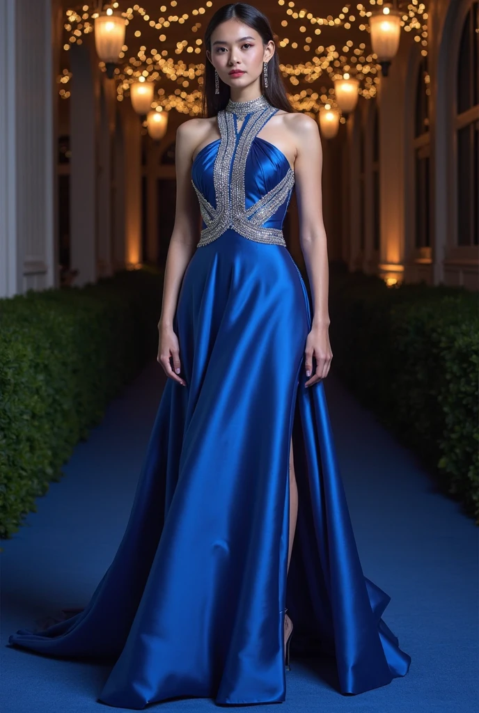 Realistic full body photo of a smiling blonde with long hair, She dances in front of the camera in a long A-line dress with straps made of shiny purple satin.., Park,glamour fotoshooting, Wedding celebration, perfect anatomy, perfect blue eyes. Perfect hands with 5 fingers on each hand, Matching girl, look into the camera, 1 Frau. (Eye make up:1.1), (highly detailed skin:1.1), spirit, analog style, keen focus, 8K UHD, dslr, good quality, Fujifilm XT3, Grain, Award-winning, masterpiece. Wedding celebration. She stands in the middle of a group of women and shows her beautiful long dress. Beautiful shoes