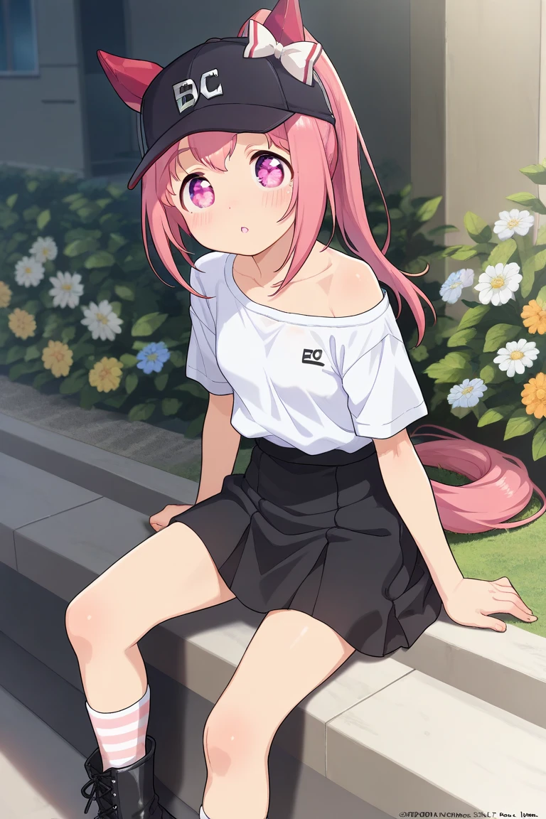 low angle, young woman sit in street, skirt, purple t-shirt,