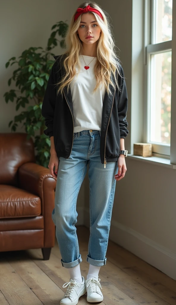 Lili Reinhart dressed in sweatshirt and tight ripped jeans and smiling sexy