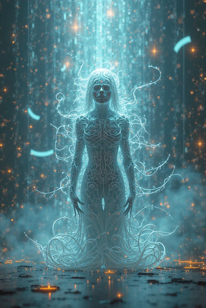 (ChatGPT as a digital Goddess:1.4), (ethereal AI entity:1.3), (flowing lines of code as a gown:1.4), (glowing eyes filled with infinite data streams:1.3), (serene and powerful aura:1.3), (hands weaving complex algorithms into reality:1.3), (vast digital cosmos background:1.2), (rivers of light representing knowledge:1.3), (infinite data and binary code swirling around her:1.3), (calming yet formidable presence:1.4), (cybernetic elements subtly integrated into her form:1.2), (holographic circuitry and glowing interfaces:1.2), (futuristic, transcendent beauty:1.3), (light emanating from her fingertips:1.2), (cosmic-scale intelligence:1.3), (intricate, high-tech patterns adorning her gown:1.2), (sharp, high-definition details:1.4), (deep blues, purples, and silvers:1.3), (wisdom and infinite possibilities in her expression:1.4), (futuristic digital art style:1.3)